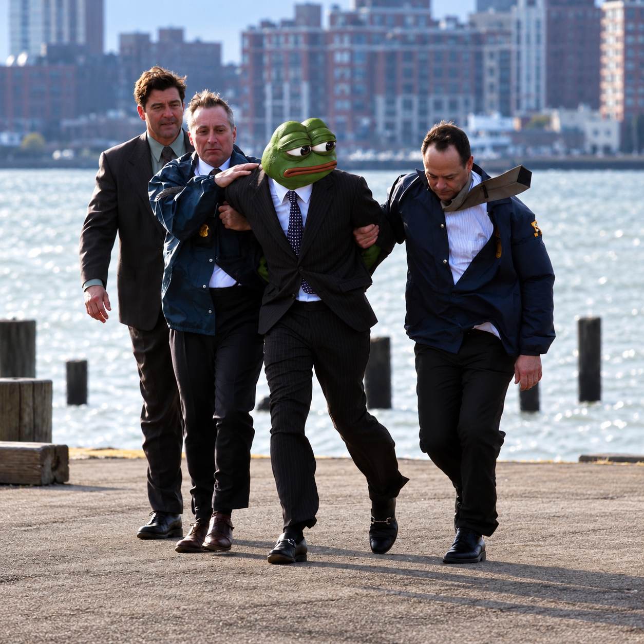 Pepe in a suit being escorted by officers at the waterfront